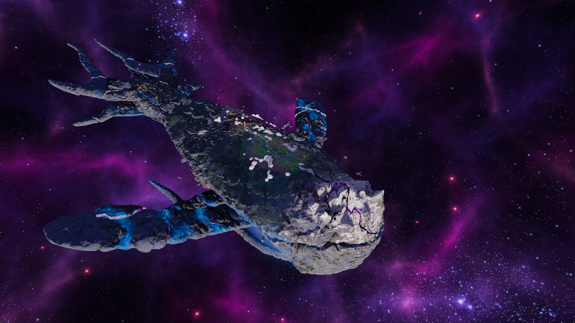 Steam screenshot of the space whale Kewa in a purple nebula, with green ground on the whale's back