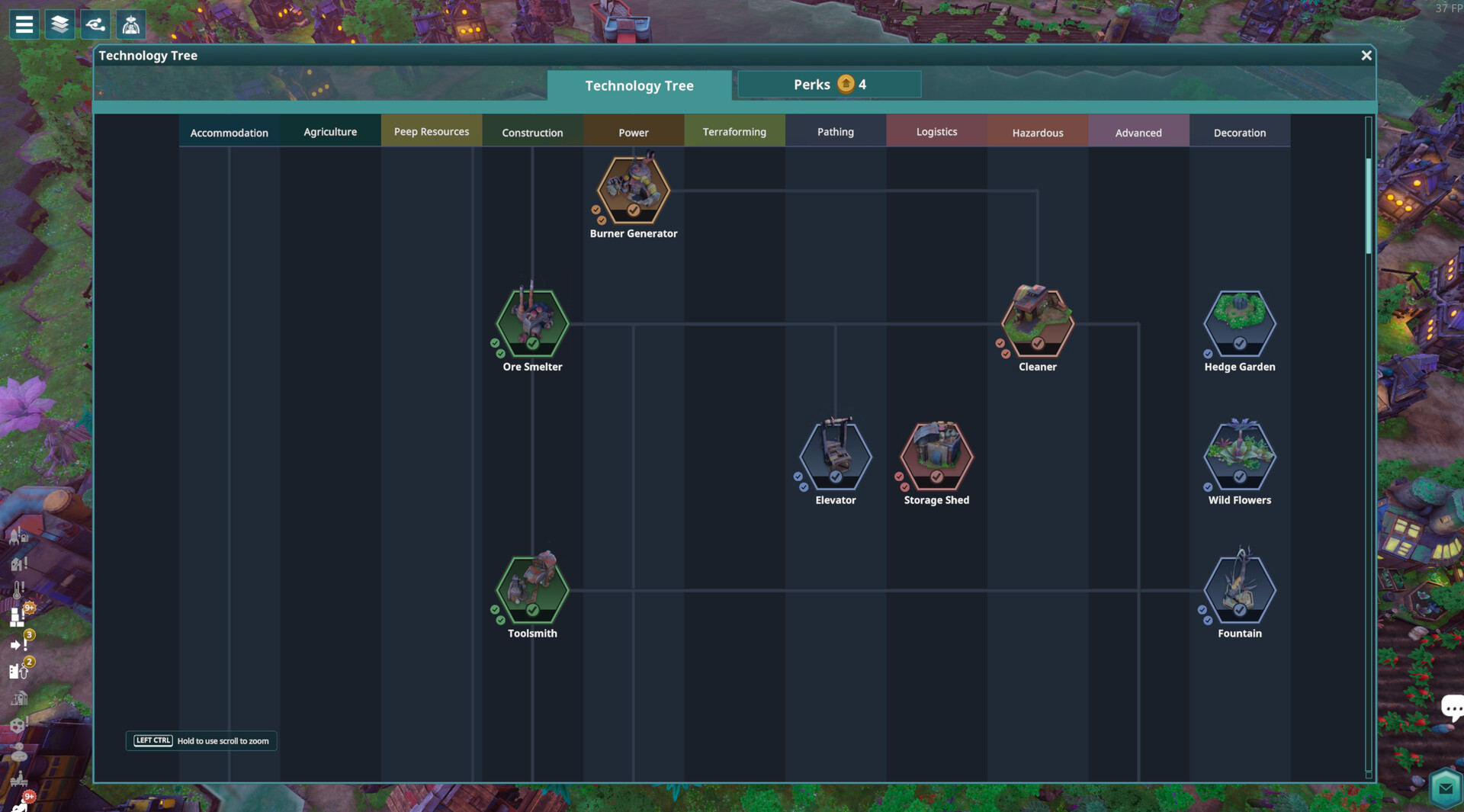 Steam screenshot of the technology tree with Burner Generator, Ore Smelter, Toolsmith, and Cleaner nodes
